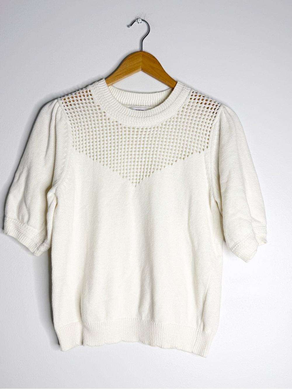 Suncoo Paris Pull Pleven Cotton Openwork Puff Sleeve Sweater T2 Medium Ivory